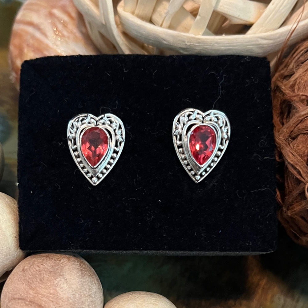 Nicky Butler Silver Heart Earrings with Red Teardrop Stones